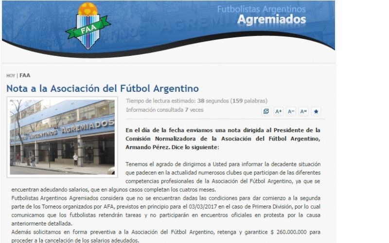 Futbolistas Argentinos Agremiados anunci un paro de actividades por falta de pago
